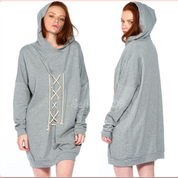 ☝️Gray Laced Up Hooded Long Tunic Sweatshirt Dress - Picture 5 of 7